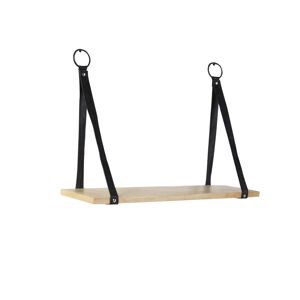 Priemyselný nástenný stojan s 1 drevenou poličkou a čiernymi koženými remienkami - Swing