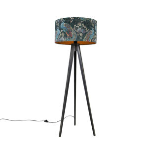 Stojaca lampa trojnožka čierna s tienidlom páv 50 cm - Tripod Classic