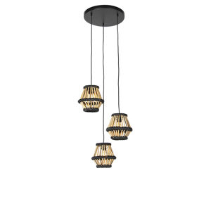 Oosterse hanglamp bamboe met zwart rond 3-lichts - Evalin