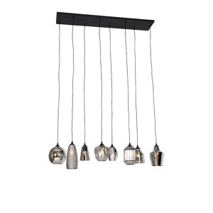Art deco závesná lampa čierna s dymovým sklom 8 svetiel - Hanne