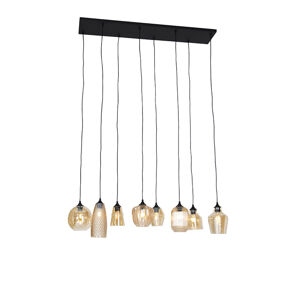 Art Deco závesná lampa čierna s jantárovým sklom 8 svetiel - Hanne