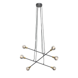 Hanglamp zwart met messing en smoke glas 6-lichts - Vidro