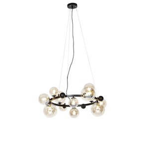 Art deco závesná lampa čierna s jantárovým sklom 12 svetiel - David