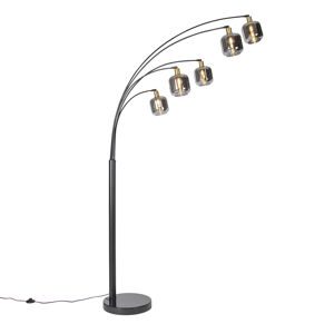 Stojaca lampa čierna so zlatom s dymovým sklom 5-svetlo - Zuzanna