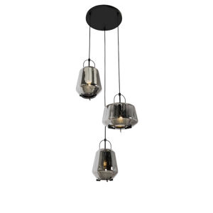 Hanglamp zwart met smoke glas rond 3-lichts - Kevin