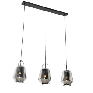 Hanglamp zwart met smoke glas 23 cm langwerpig 3-lichts - Kevin