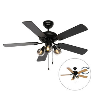 Stropný ventilátor čierny s drevenou potlačou 107,5 cm 3-svetlá s ťahovým spínačom - Mistral Vidro