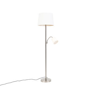 Klasická stojaca lampa oceľ s bielym tienidlom a lampou na čítanie - Retro