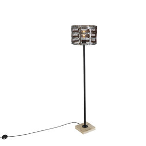 Priemyselná stojaca lampa čierna s dreveným podstavcom a tienidlom v hrdzavej farbe - Tub