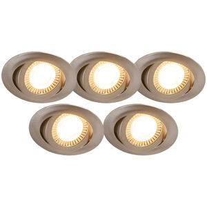 Sada 5 moderných zapustených oceľových bodových svietidiel vrátane LED 3-stupňovo stmievateľných - Mio