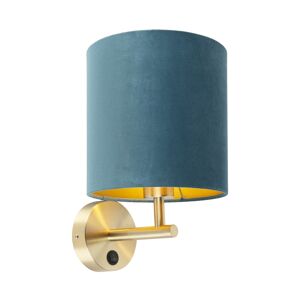 Elegantná nástenná lampa zlatá s modrým zamatovým tienidlom - Matt