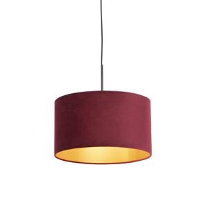 Čierna závesná lampa s velúrovým odtieňom červená so zlatou 35 cm - Combi