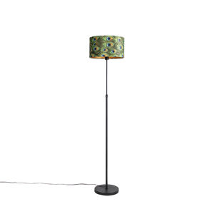 Čierna stojaca lampa s velúrovým tienidlom páv so zlatom 35 cm - Parte