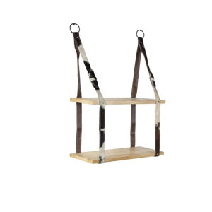 Priemyselný nástenný stojan s 2 drevenými policami a koženými remienkami - opasok